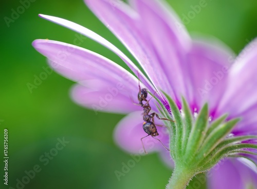 Ant on white and purple flower. Sharp macro showing pollen interaction, morphological details, and exploratory behavior in natural habitat with soft background and vivid colors.