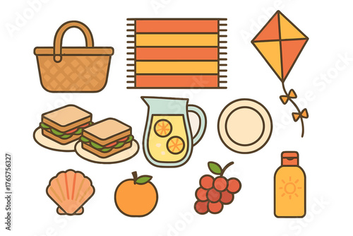 Collection of summer picnic and beach essentials including food, drinks, and leisure items