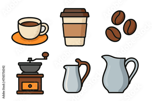 Essential equipment for coffee preparation including grinder, beans, cups, and pitchers