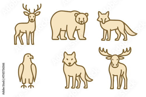Minimalist line art icons set featuring northern forest and tundra wildlife
