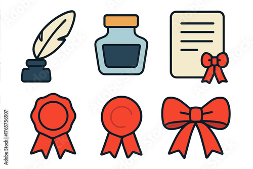 Historical writing tools and achievement symbols: quill pen, ink bottle, document, and red ribbons