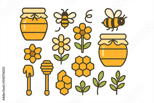 Sweet honey jars, flying bees, natural flowers, and geometric honeycomb elements