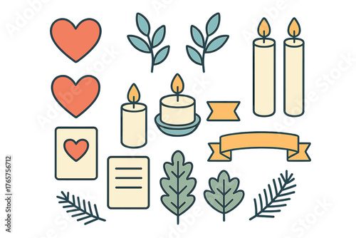 Romantic set of hearts, burning candles, natural green foliage, and decorative ribbon banners