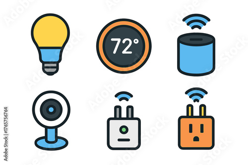 Set of smart home devices including light bulb thermostat speaker security camera and smart plugs
