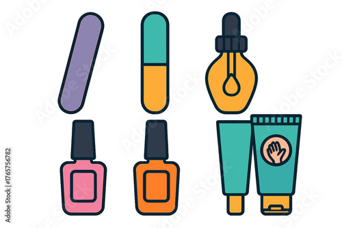 Set of colorful icons for manicure, nail polish, hand cream, and beauty care tools