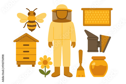 Beekeeper in protective suit with honey bee, hive, smoker, and equipment set