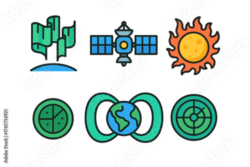 Icon set of space science and natural phenomena including satellite, sun, aurora, and magnetic field