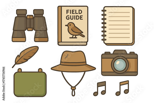 Essential gear for birdwatching and nature study including binoculars, field guide, camera, and safari hat