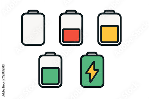 Five colorful battery status icons showing different power levels and charging mode