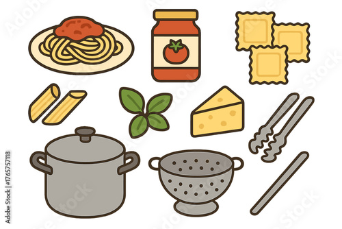 Italian pasta ingredients and cooking utensils collection on white background