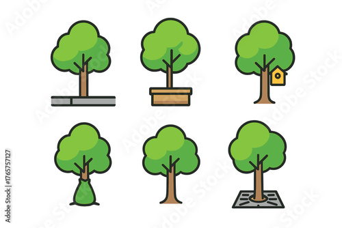Six stylized green trees showing various planting methods in urban settings