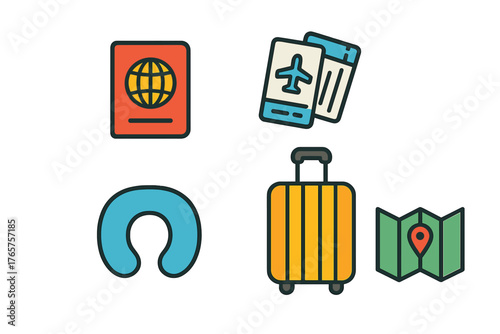 Colorful travel essentials icon set including passport tickets luggage and navigation map