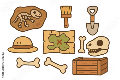 Paleontology and archaeology discovery set with dinosaur skeleton, skull, bones, tools, and treasure map