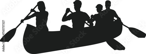Silhouette of four people paddling canoe in teamwork, black vector illustration for outdoor adventure, water sport, and group activity concept