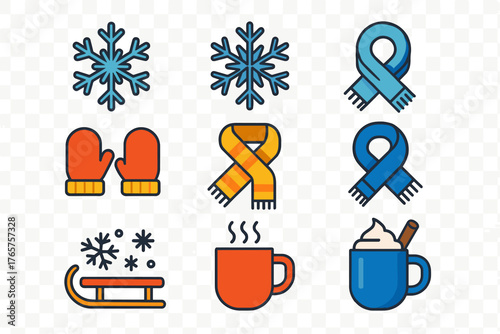 Brightly colored winter season symbols including snowflakes, warm apparel, and hot beverages
