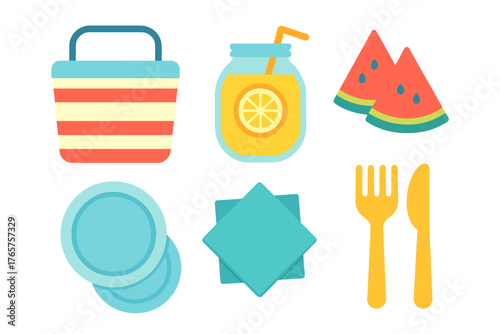 Summer picnic essentials including striped basket, lemonade, watermelon, plates, and cutlery