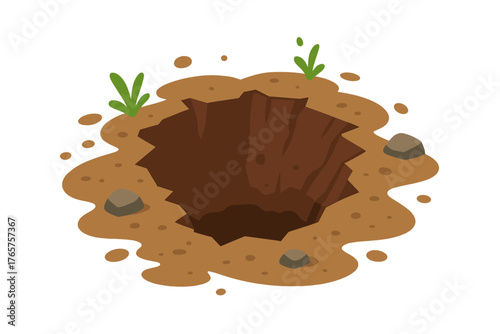 Deep jagged hole in the ground surrounded by brown soil and green grass patches