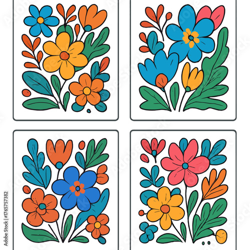 Four colorful floral compositions in a modern folk art style with bright primary and secondary colors