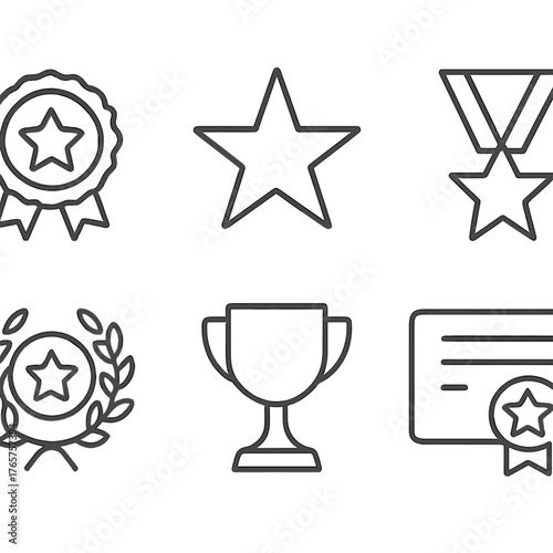 Outline symbols of success achievement quality winning awards trophy medal badge certificate and star