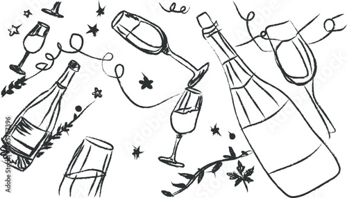 Celebratory sketch of champagne bottles and glasses with confetti and streamers for a festive occasion
