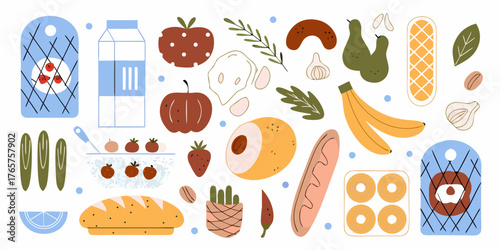 A colorful assortment of fresh fruits vegetables bread dairy and nuts arranged in a playful flat design style