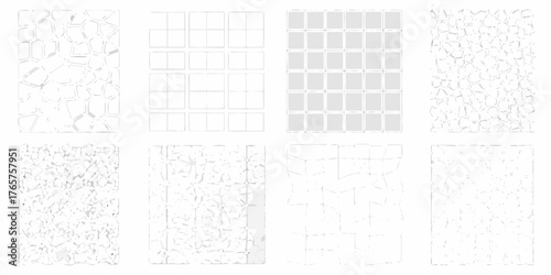Collection of eight abstract geometric patterns with textured and tiled designs in grayscale