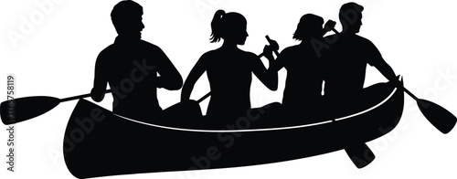 Silhouette of four people paddling canoe together, black vector illustration for teamwork, outdoor adventure, water sport, and group activity concept
