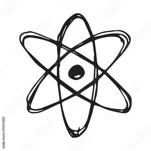 Hand drawn atom sign Molecule clipart in doodle style Single element for print, web, design, decor Symbol of science, education, nuclear energy, scientific research, molecular chemistry