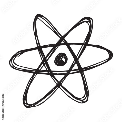 Hand drawn atom sign Molecule clipart in doodle style Single element for print, web, design, decor Symbol of science, education, nuclear energy, scientific research, molecular chemistry