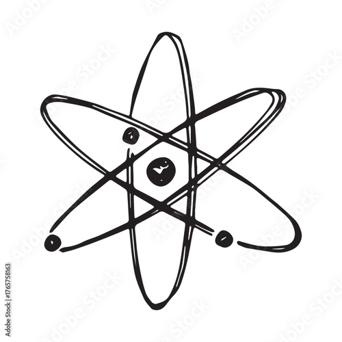 Hand drawn atom sign Molecule clipart in doodle style Single element for print, web, design, decor Symbol of science, education, nuclear energy, scientific research, molecular chemistry