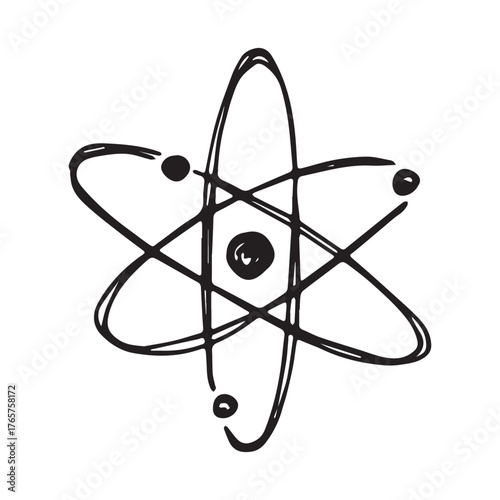 Hand drawn atom sign Molecule clipart in doodle style Single element for print, web, design, decor Symbol of science, education, nuclear energy, scientific research, molecular chemistry