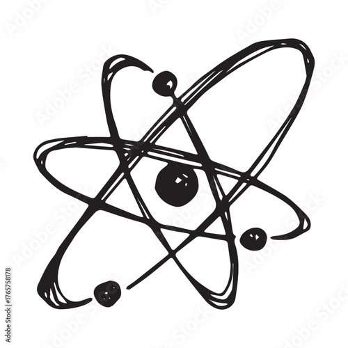 Hand drawn atom sign Molecule clipart in doodle style Single element for print, web, design, decor Symbol of science, education, nuclear energy, scientific research, molecular chemistry