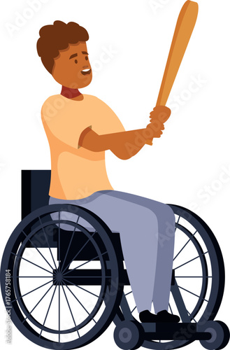 Happy disabled athlete is playing baseball, holding a wooden bat and swinging, sitting in a wheelchair