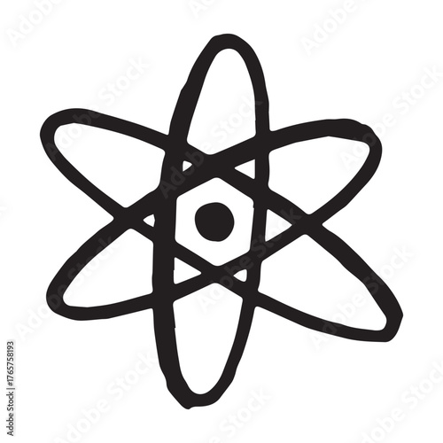 Hand drawn atom sign Molecule clipart in doodle style Single element for print, web, design, decor Symbol of science, education, nuclear energy, scientific research, molecular chemistry