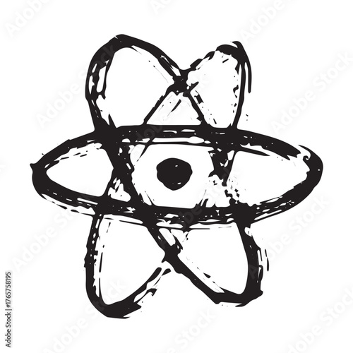 Hand drawn atom sign Molecule clipart in doodle style Single element for print, web, design, decor Symbol of science, education, nuclear energy, scientific research, molecular chemistry