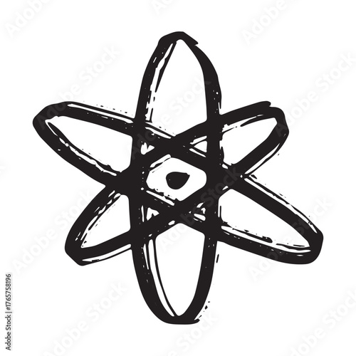 Hand drawn atom sign Molecule clipart in doodle style Single element for print, web, design, decor Symbol of science, education, nuclear energy, scientific research, molecular chemistry