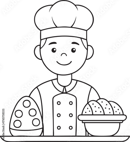 Happy chef character showing fresh baked goods illustration for culinary and educational themes