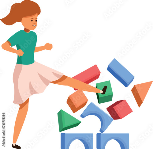 Aggressive little girl kicking down a colorful toy block tower, expressing frustration and anger