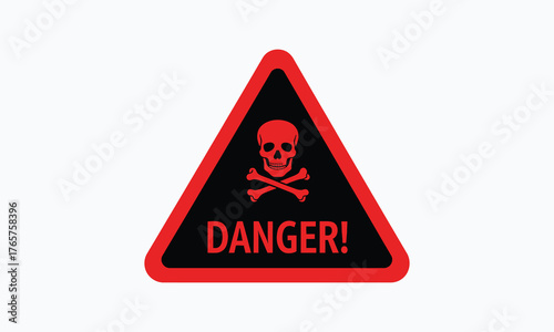 “Danger” Warning Sign Illustration – Red Skull and Crossbones in Black Triangle with Bold Text for Toxic Hazard, Safety Alerts, or Educational Design Assets