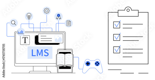 Computer screen with LMS platform, mobile with an open book, game controller, clipboard checklist, and education icons. Ideal for e-learning, development, task progress, gamification education tech