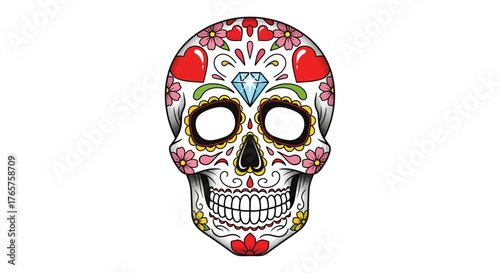 Dia De Los Muertos Sugar Skull Illustration with Heart and Diamond Embellishments