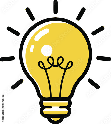 Glowing Light Bulb Illustration – Yellow Cartoon Bulb with Radiating Lines and Curly Filament for Creativity, Innovation, or Educational Design Assets