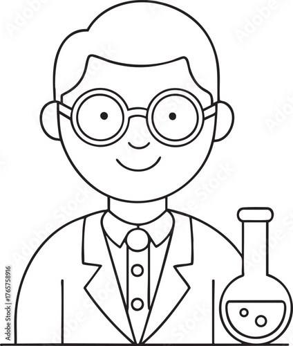 Smiling scientist illustration with glasses and flask perfect for lab innovation and discovery