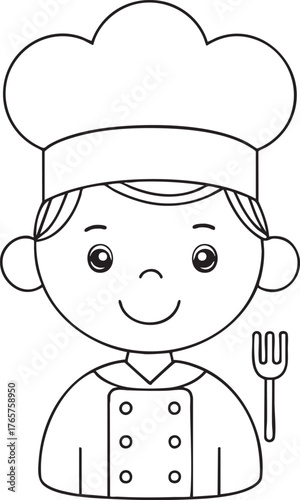 Little cartoon chef holding fork ready to make tasty dishes and family meal illustrations