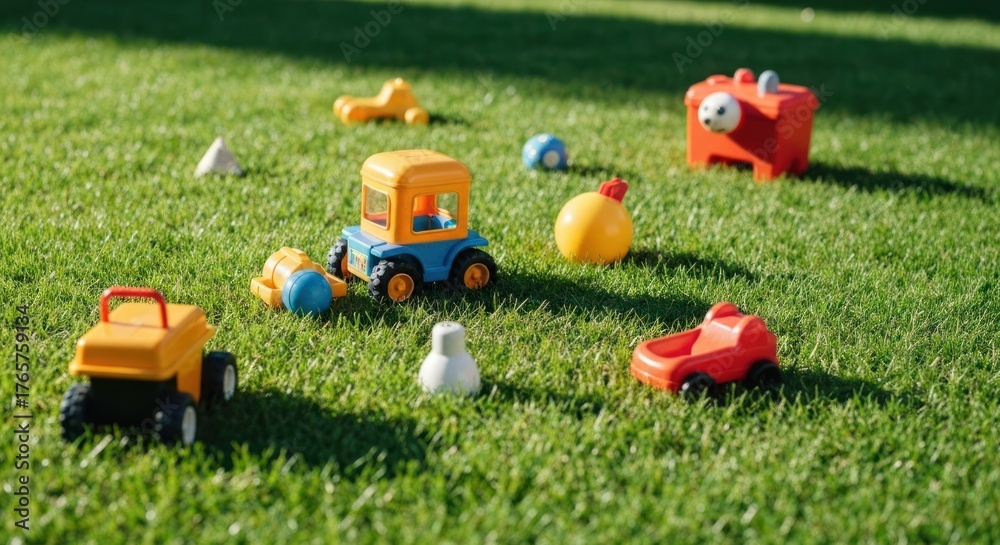Naklejka premium Colorful toy vehicles and figures scattered on a grassy lawn