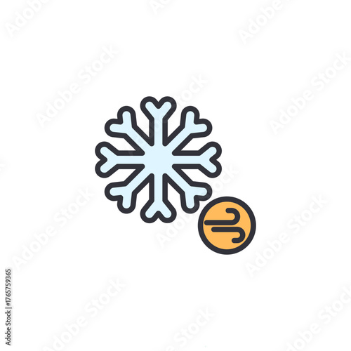 A snowflake symbol paired with a small wind icon, representing cold windy conditions, winter breezes, freezing temperatures, and snowfall in seasonal weather forecasts.