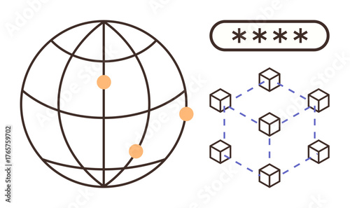 Globe with points indicating global network, blockchain cubes representing secure transactions, and encrypted password bar. Ideal for technology, cybersecurity, encryption, blockchain, global