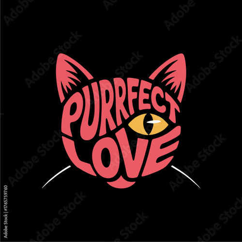 A stylized graphic of a cat's head formed by the words "Purrfect Love".
