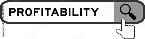 Search banner in word profitability with hand over magnifier icon on white background