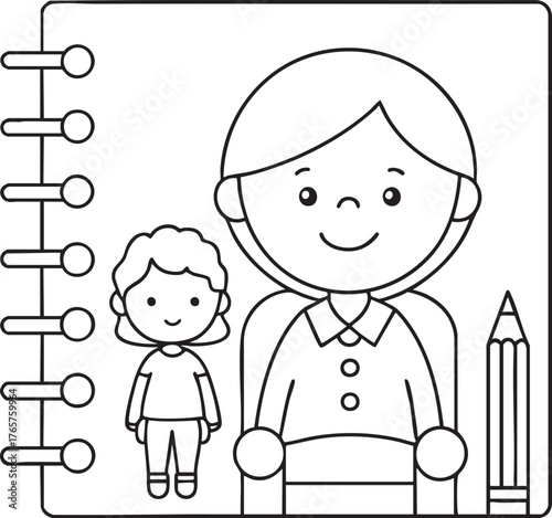 Delightful classroom illustration of teacher and students for kids educational coloring book page